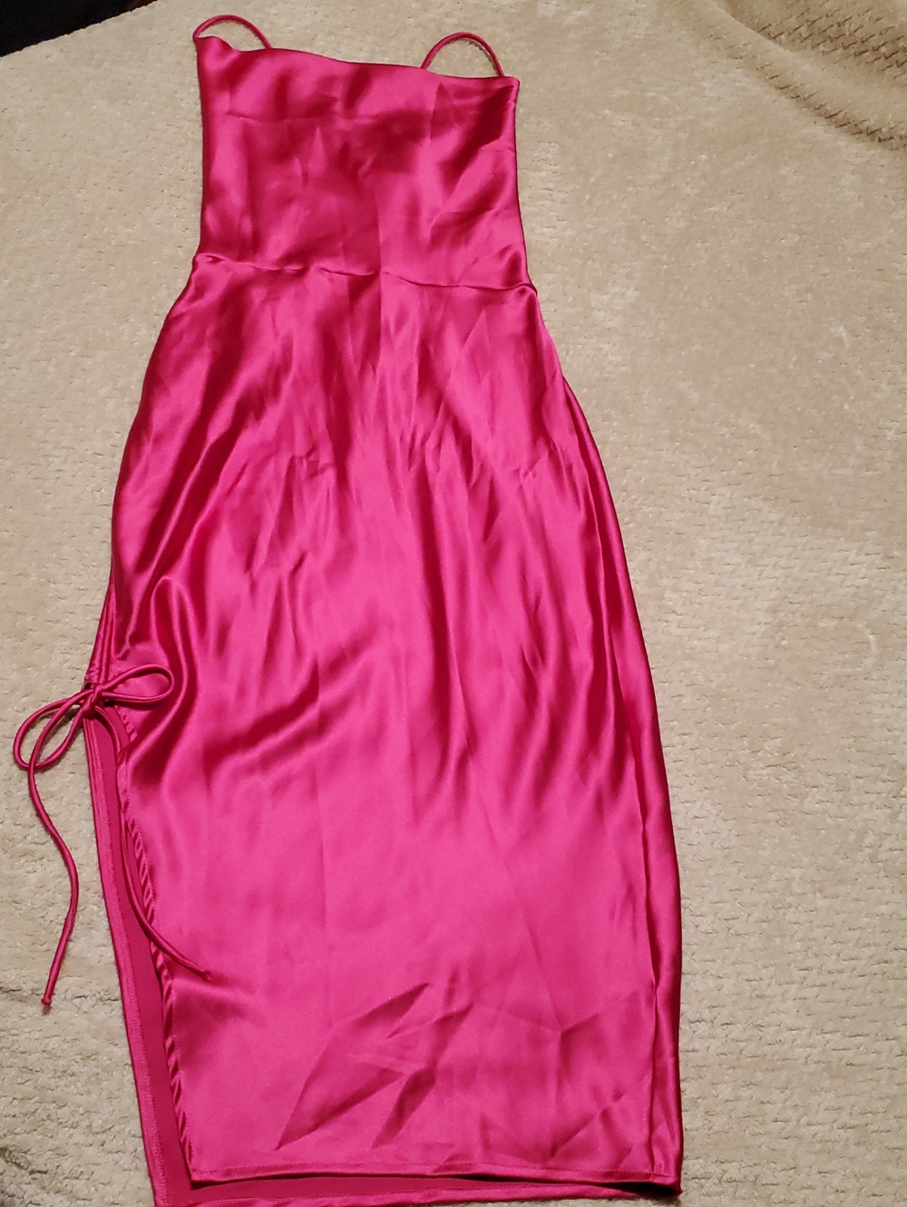 Hot Pink Satin Spaghetti-Strap Slip Dress with Side Tie